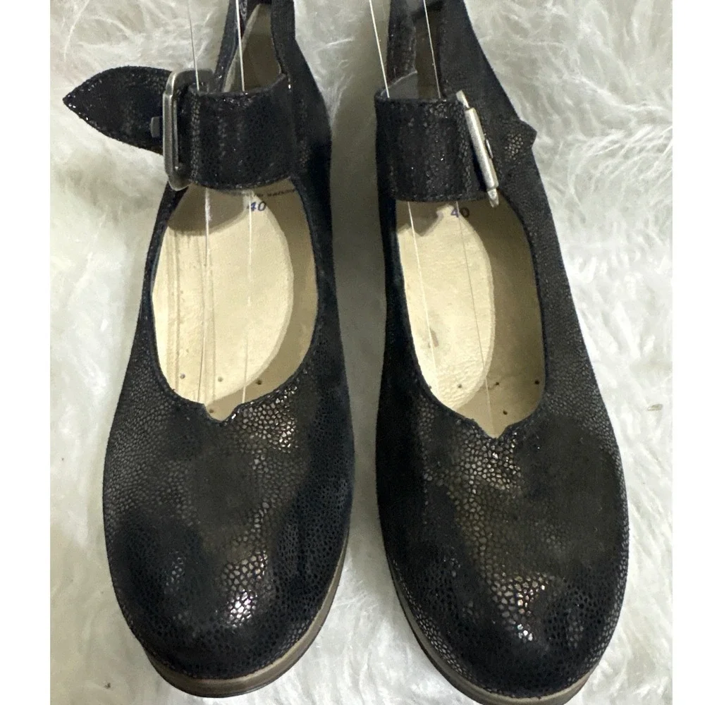 Wolky Black Metallic Textured Leather Mary Jane Block Heel Pumps Womens Size 40